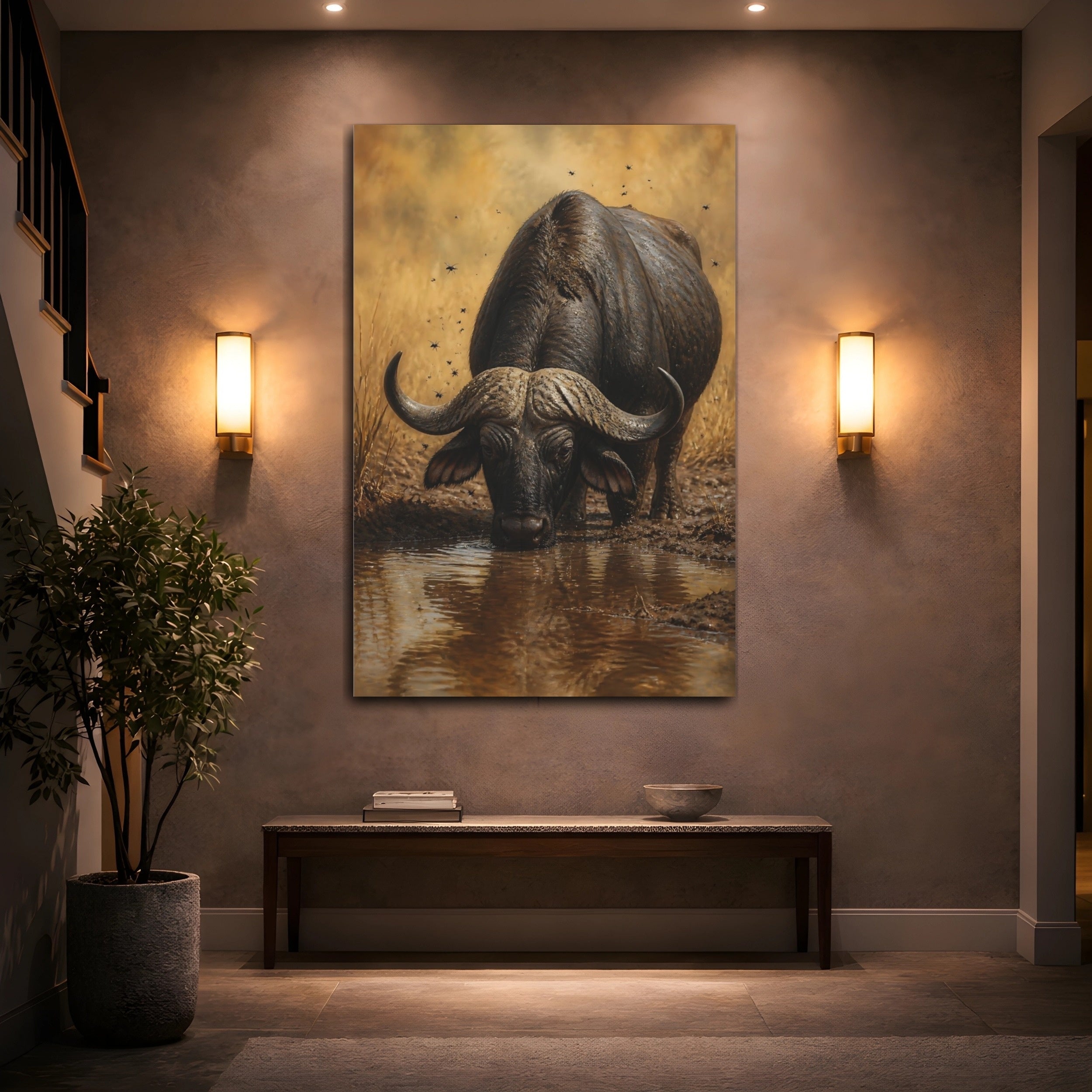 Mockup 2. Animals Buffalo Dark Brown Buffalo shown as stretched canvas wall art