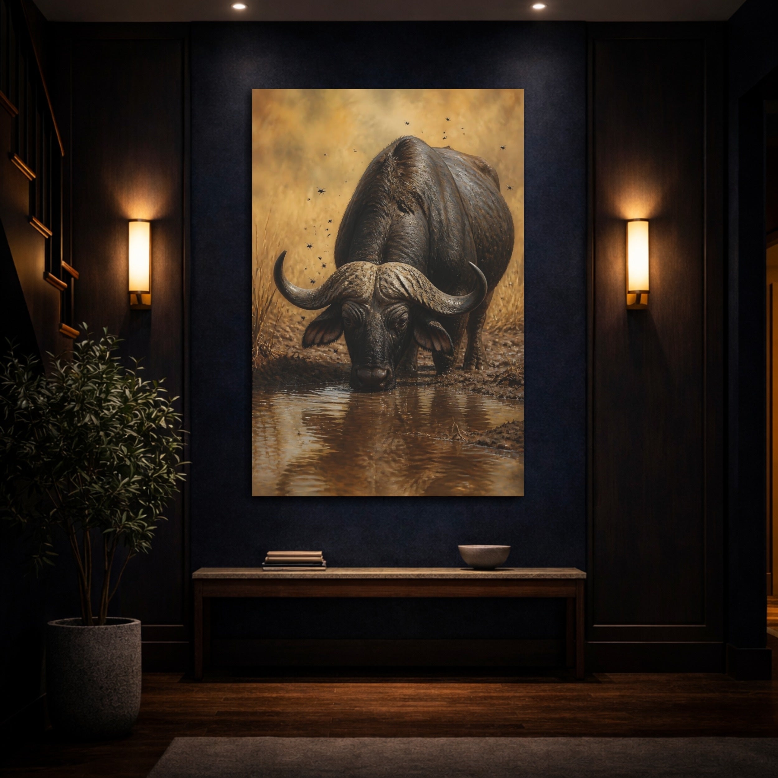 Mockup 4. Animals Buffalo Dark Brown Buffalo shown as stretched canvas wall art