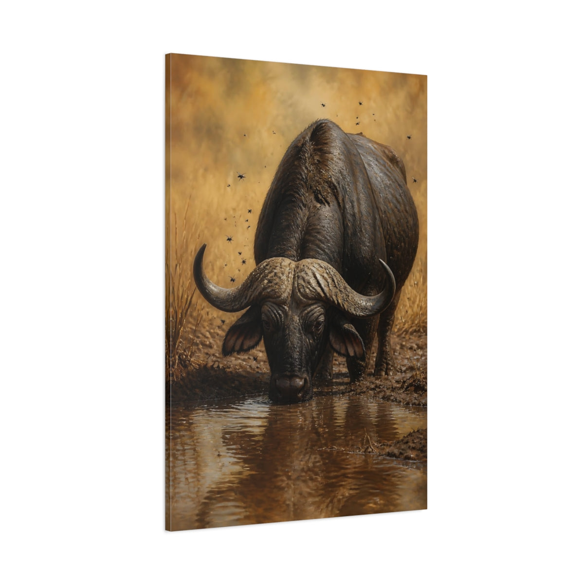 Side Mockup 1. Animals Buffalo Dark Brown Buffalo shown as stretched canvas wall art