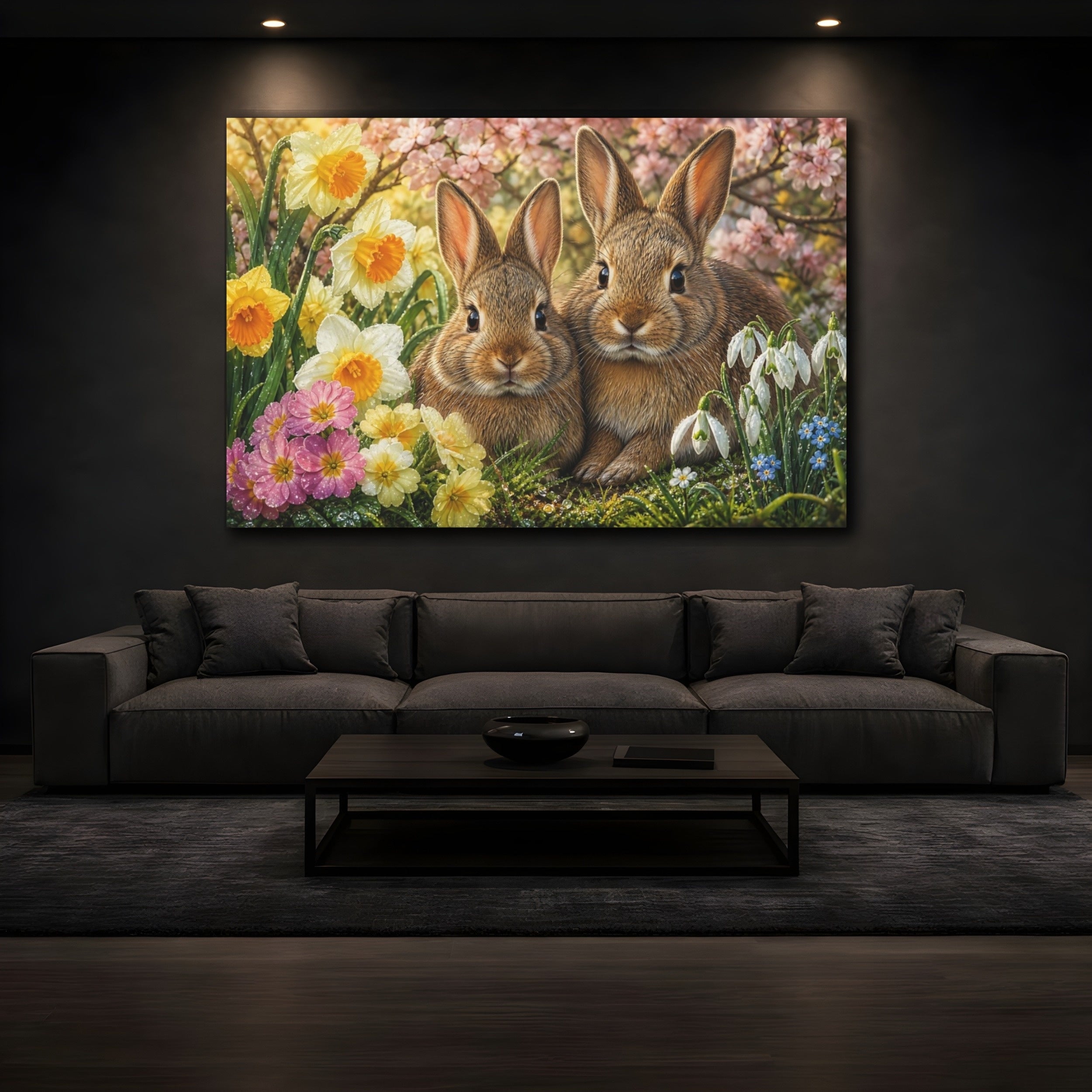 Mockup 3. Animals Bunnies Spring Bunnies shown as stretched canvas wall art