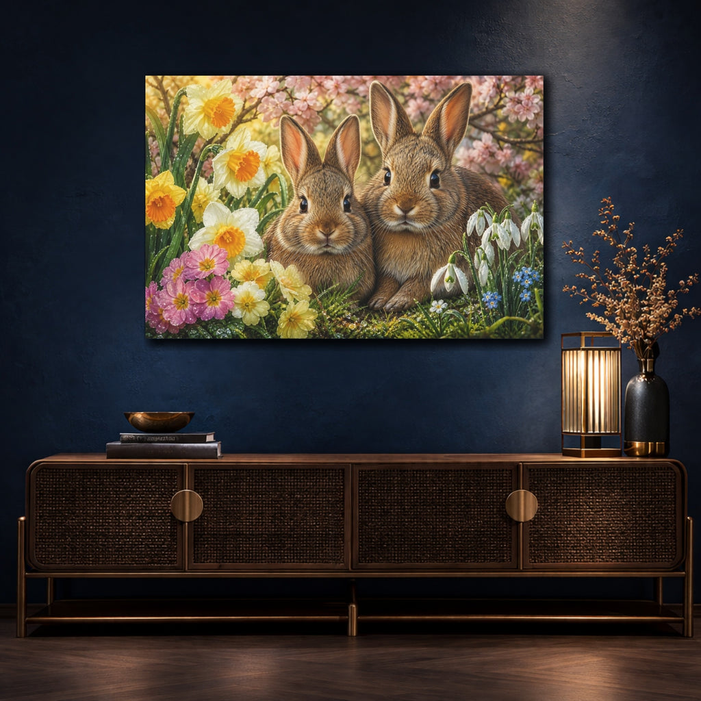 Mockup 4. Animals Bunnies Spring Bunnies shown as stretched canvas wall art