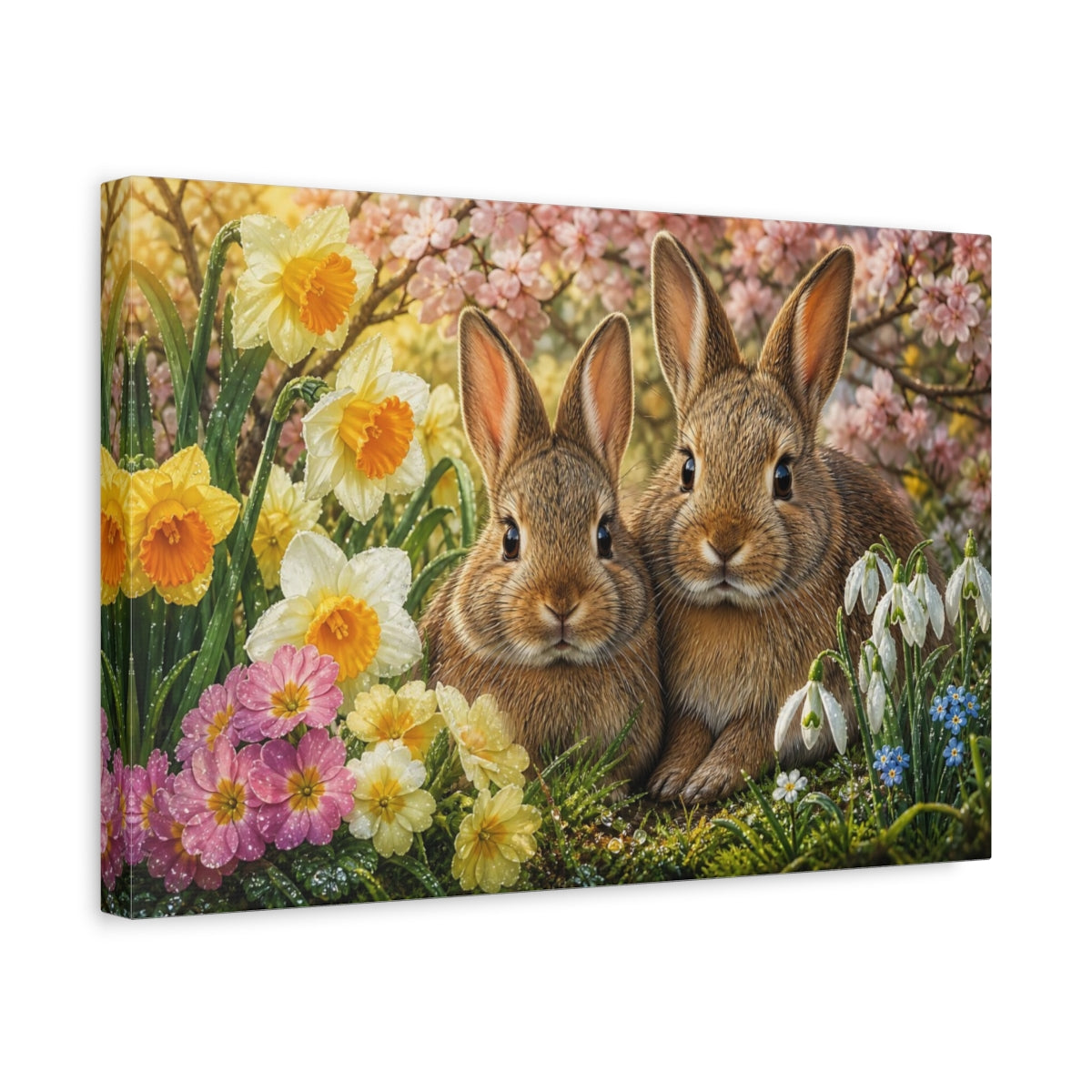 Side Mockup 4. Animals Bunnies Spring Bunnies shown as stretched canvas wall art