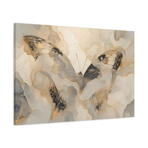Main Mockup. Animals Butterfly Gold Grey Butterfly shown as stretched canvas wall art