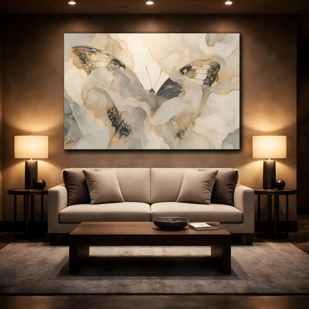 Mockup 2. Animals Butterfly Gold Grey Butterfly shown as stretched canvas wall art