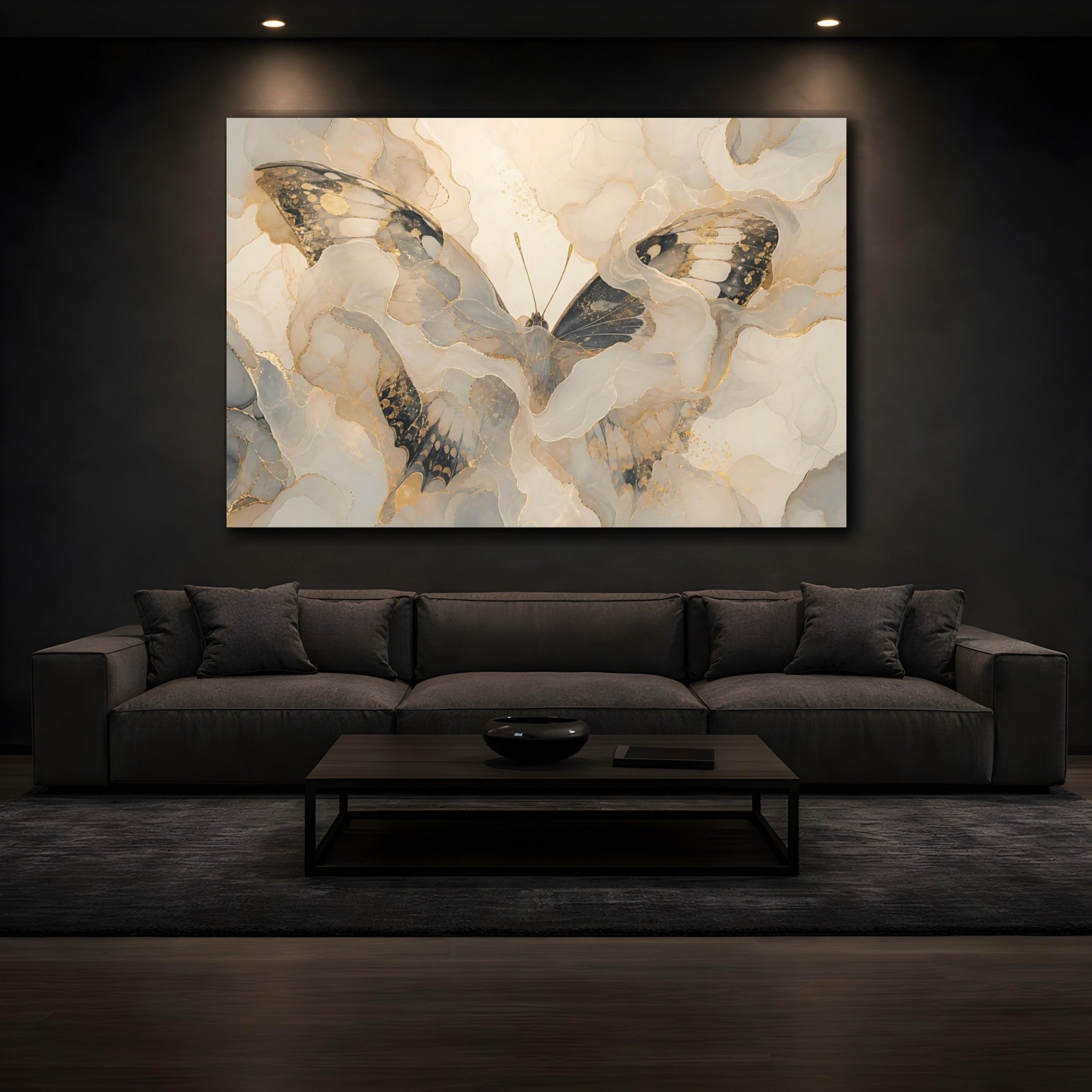 Mockup 3. Animals Butterfly Gold Grey Butterfly shown as stretched canvas wall art