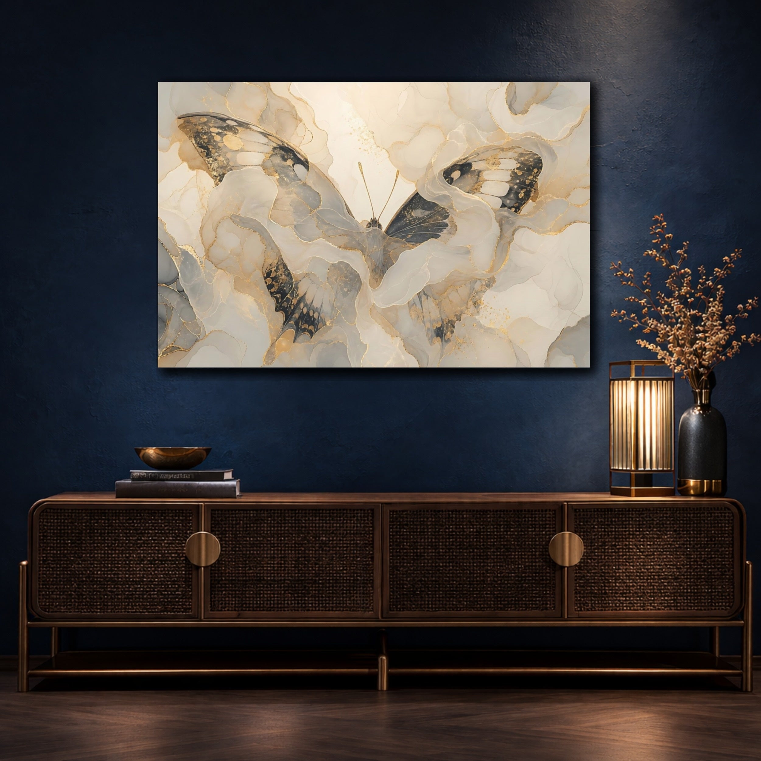 Mockup 4. Animals Butterfly Gold Grey Butterfly shown as stretched canvas wall art