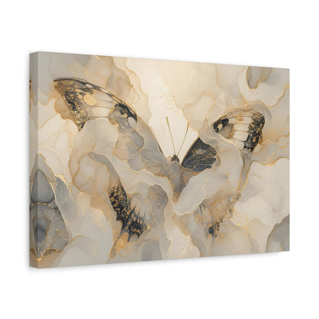 Side Mockup 4. Animals Butterfly Gold Grey Butterfly shown as stretched canvas wall art