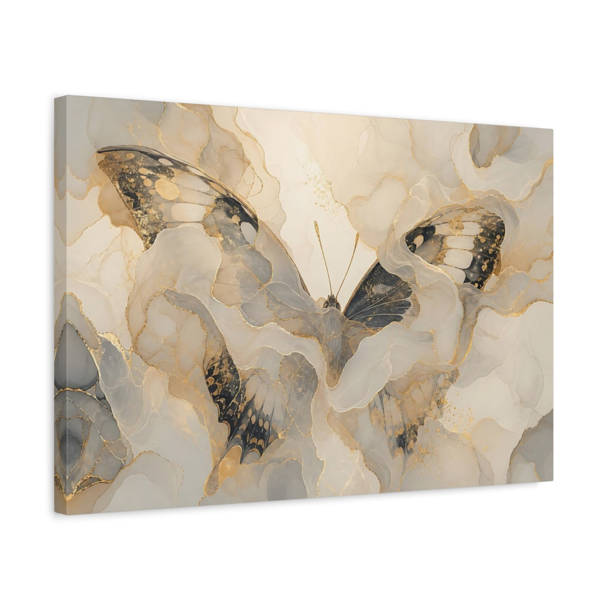 Side Mockup 3. Animals Butterfly Gold Grey Butterfly shown as stretched canvas wall art