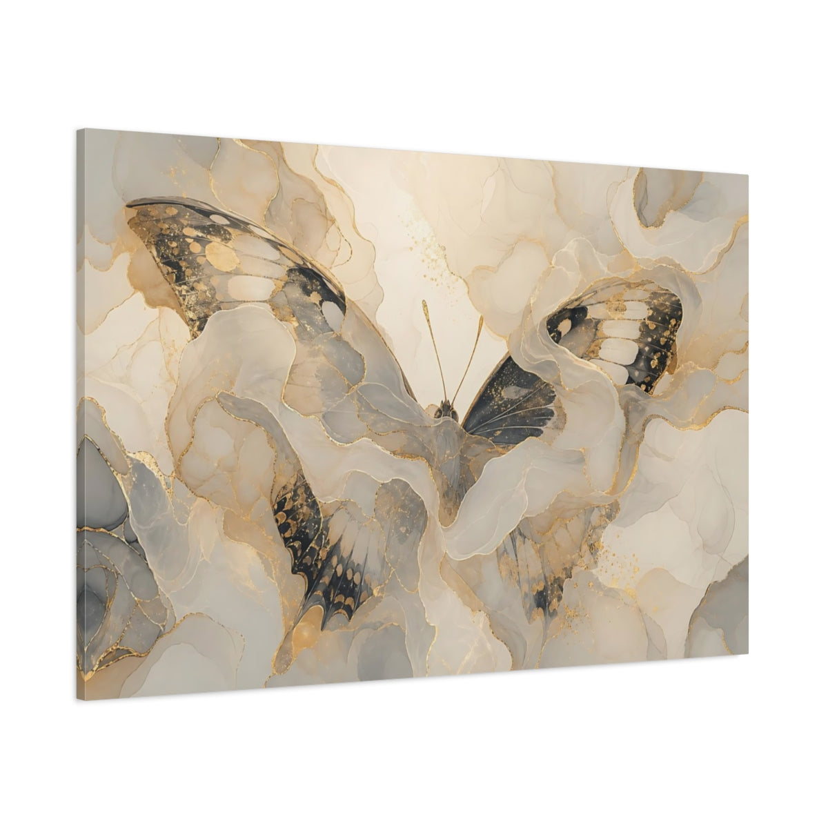 Side Mockup 1. Animals Butterfly Gold Grey Butterfly shown as stretched canvas wall art