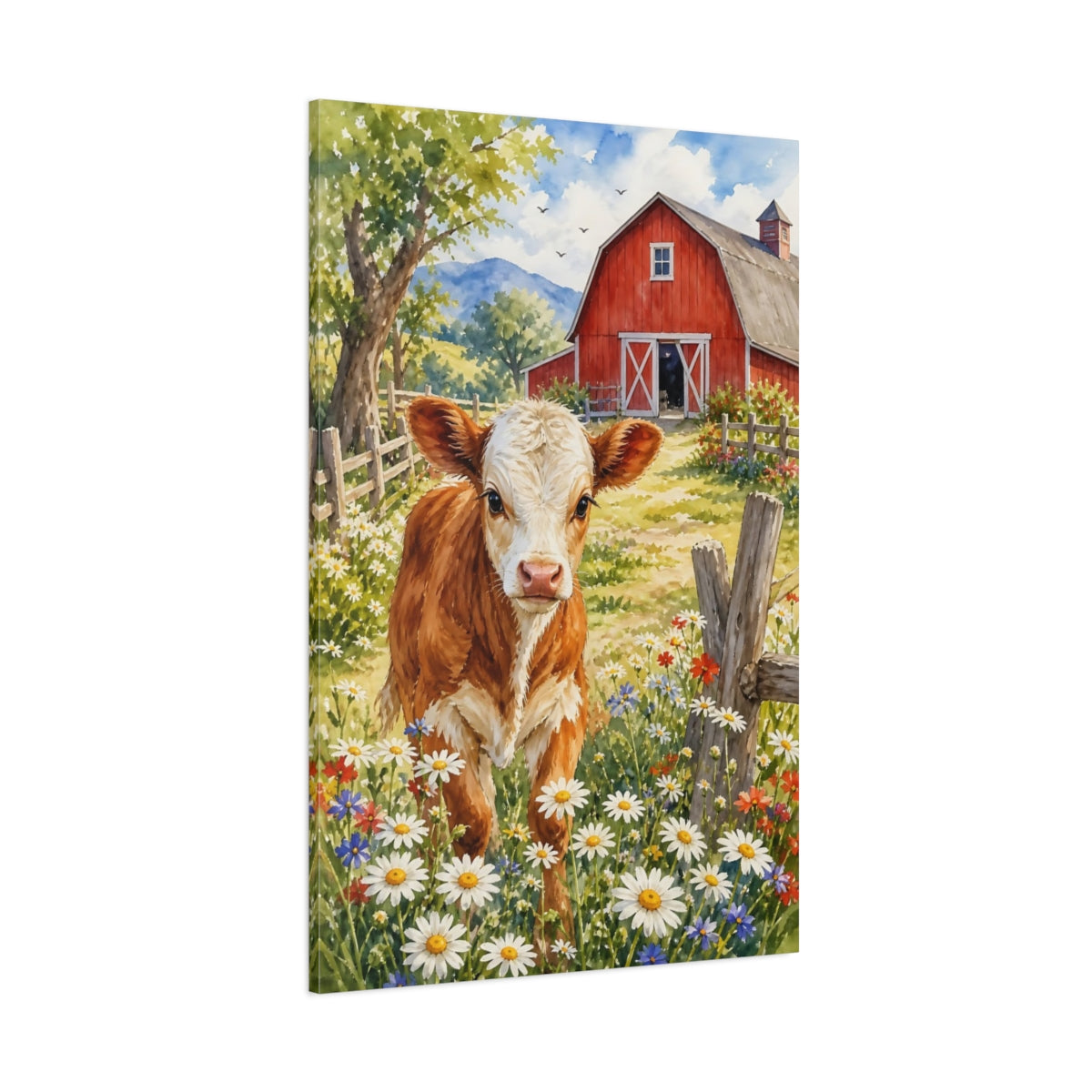 Side Mockup 1. Animals Calf Watercolor Calf Barn shown as stretched canvas wall art