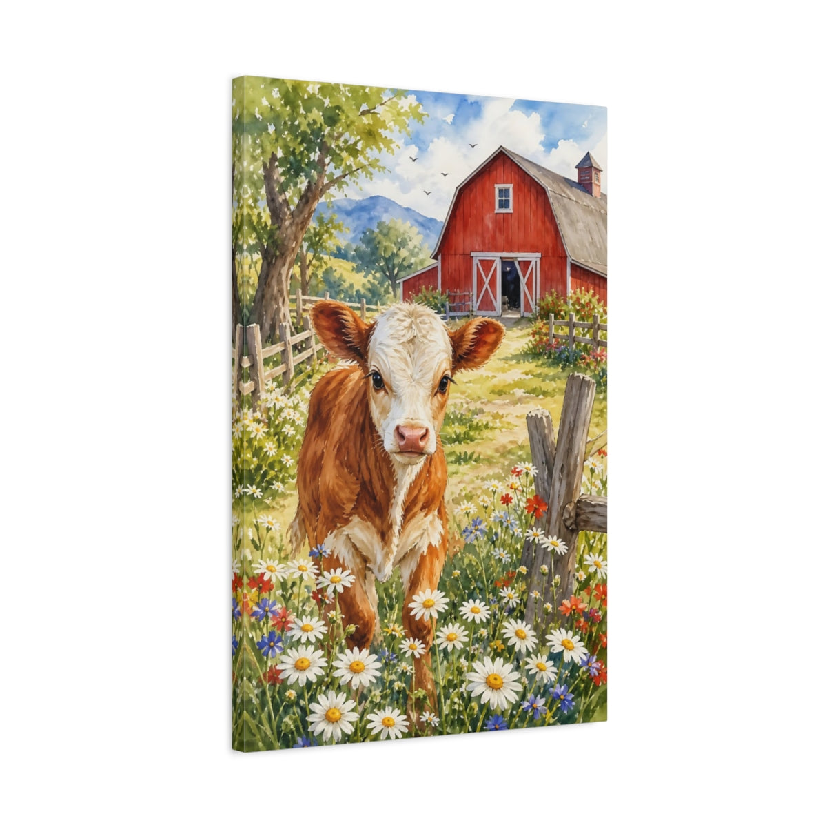 Side Mockup 2. Animals Calf Watercolor Calf Barn shown as stretched canvas wall art