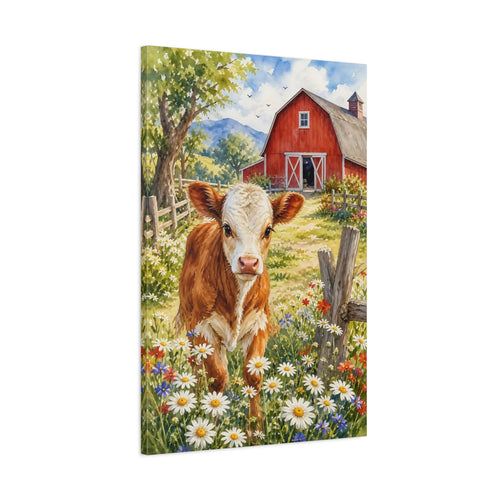 Main Mockup. Animals Calf Watercolor Calf Barn shown as stretched canvas wall art