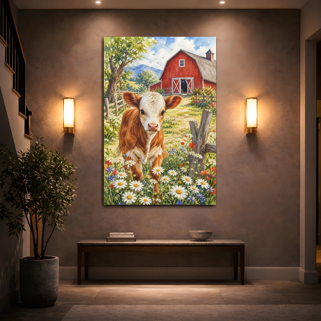 Mockup 2. Animals Calf Watercolor Calf Barn shown as stretched canvas wall art