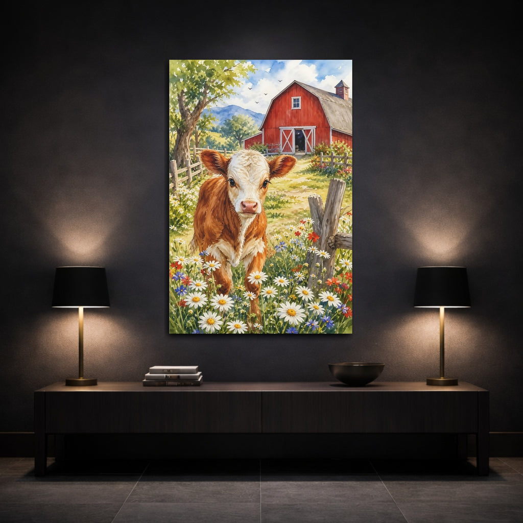 Mockup 3. Animals Calf Watercolor Calf Barn shown as stretched canvas wall art