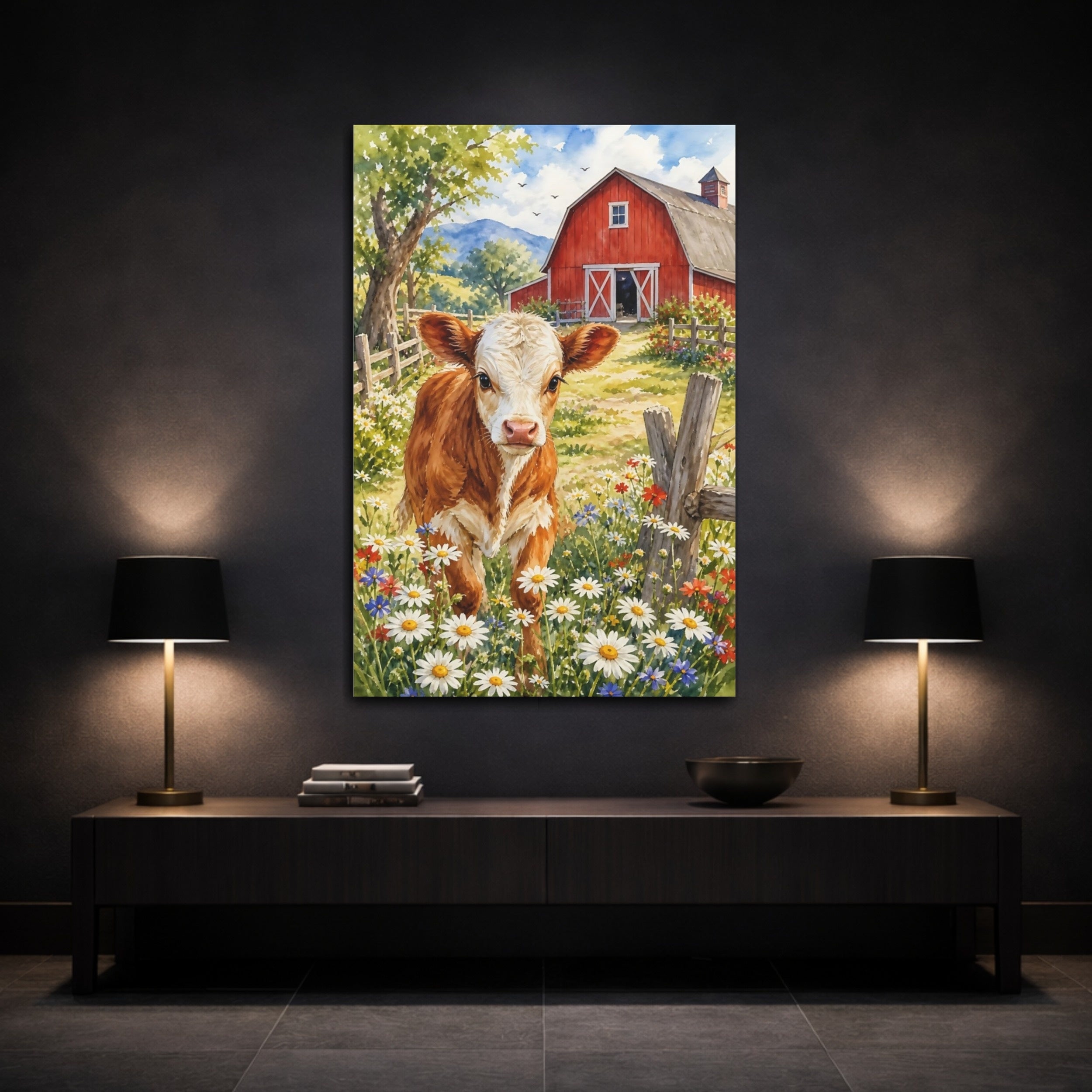 Mockup 3. Animals Calf Watercolor Calf Barn shown as stretched canvas wall art