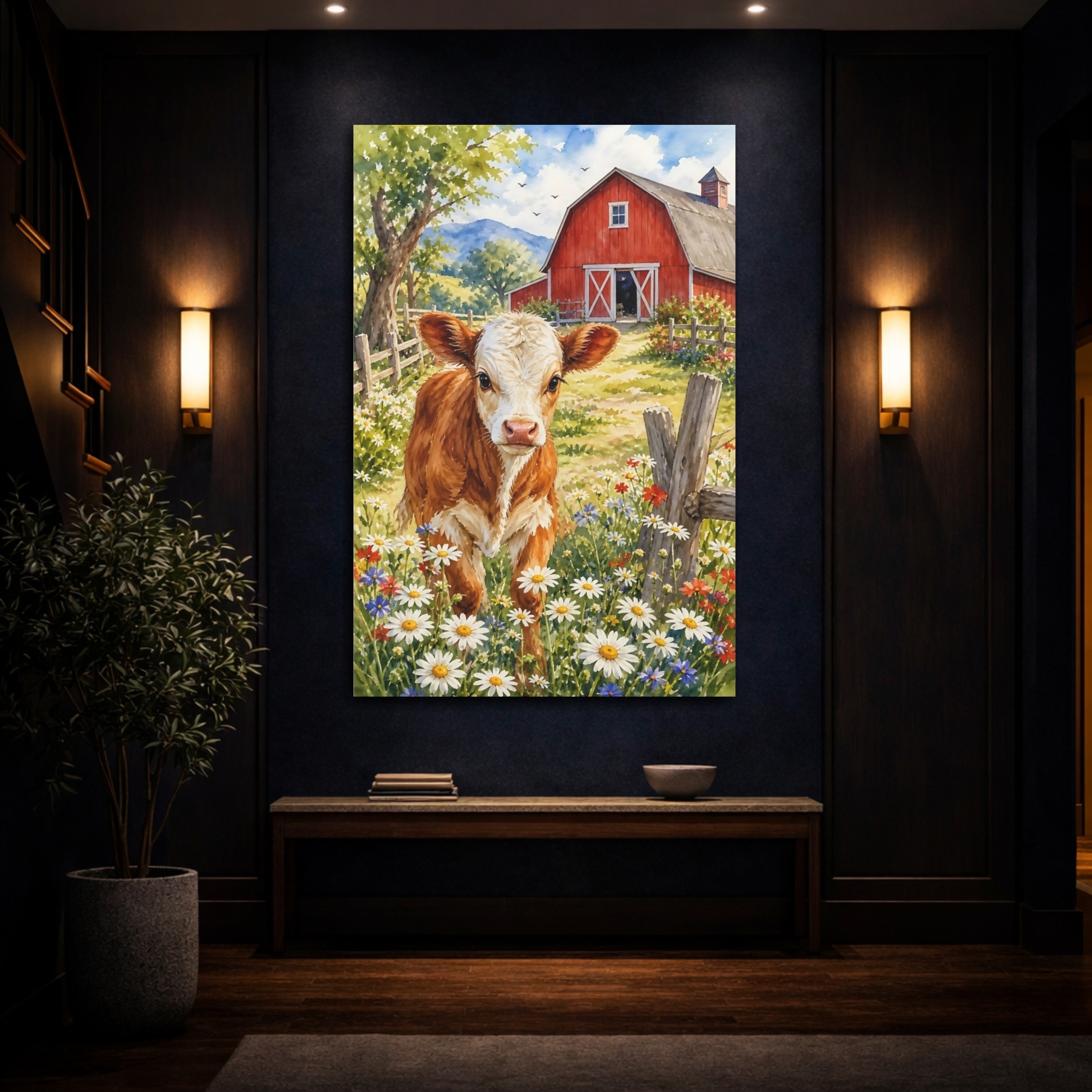 Mockup 4. Animals Calf Watercolor Calf Barn shown as stretched canvas wall art