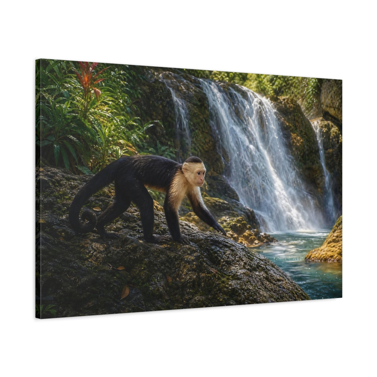 Main Mockup. Animals Capuchin Monkey Monkey Waterfall shown as stretched canvas wall art