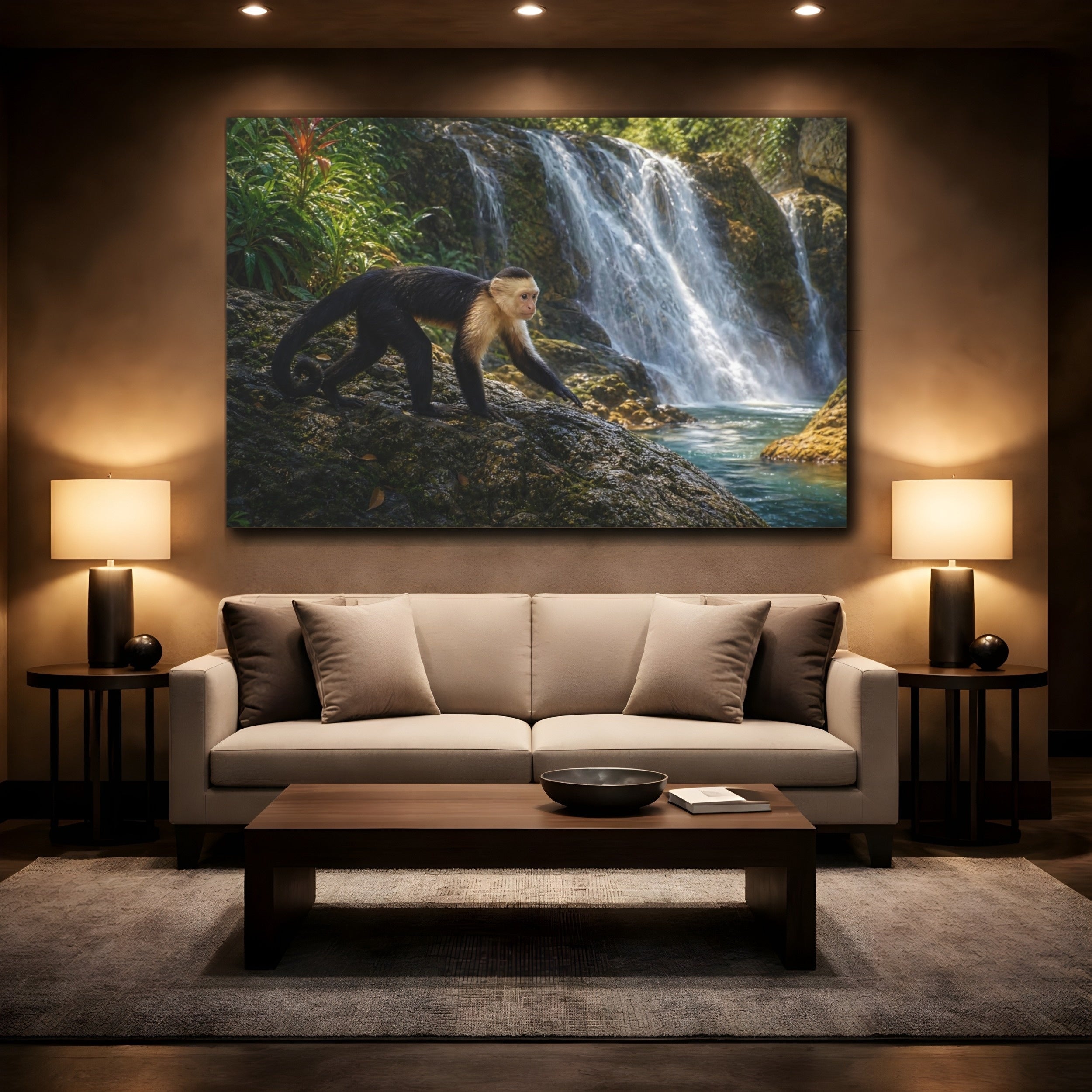 Mockup 2. Animals Capuchin Monkey Monkey Waterfall shown as stretched canvas wall art