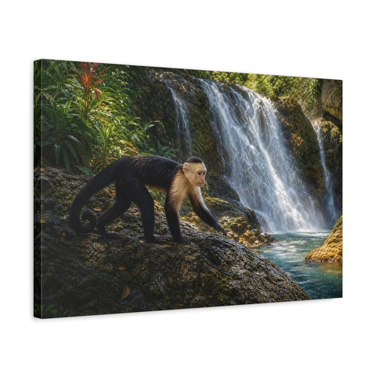 Side Mockup 3. Animals Capuchin Monkey Monkey Waterfall shown as stretched canvas wall art