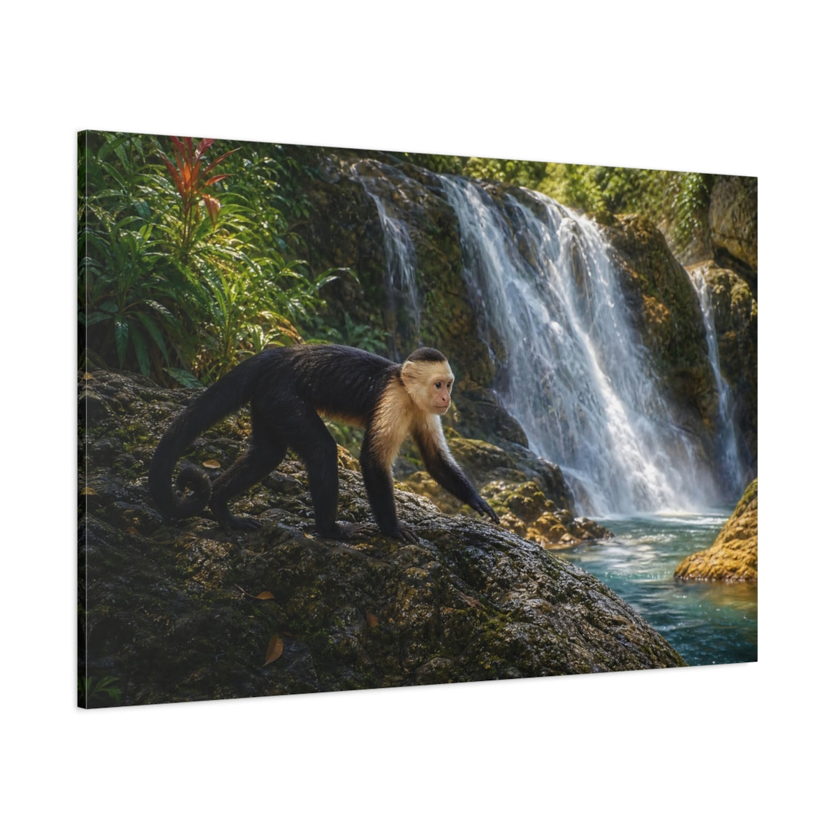 Side Mockup 1. Animals Capuchin Monkey Monkey Waterfall shown as stretched canvas wall art