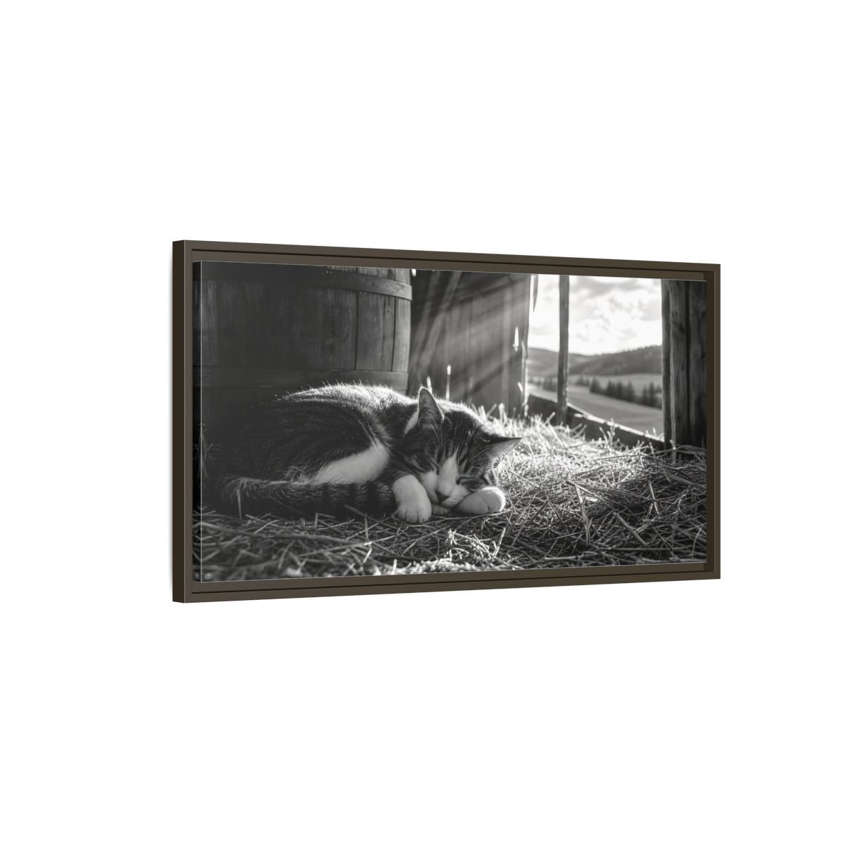Main Mockup. Animals Cat Black And White Cat shown as stretched canvas wall art