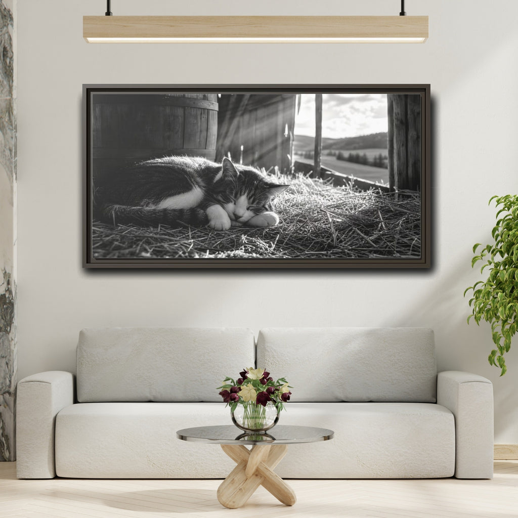 Mockup 2. Animals Cat Black And White Cat shown as stretched canvas wall art