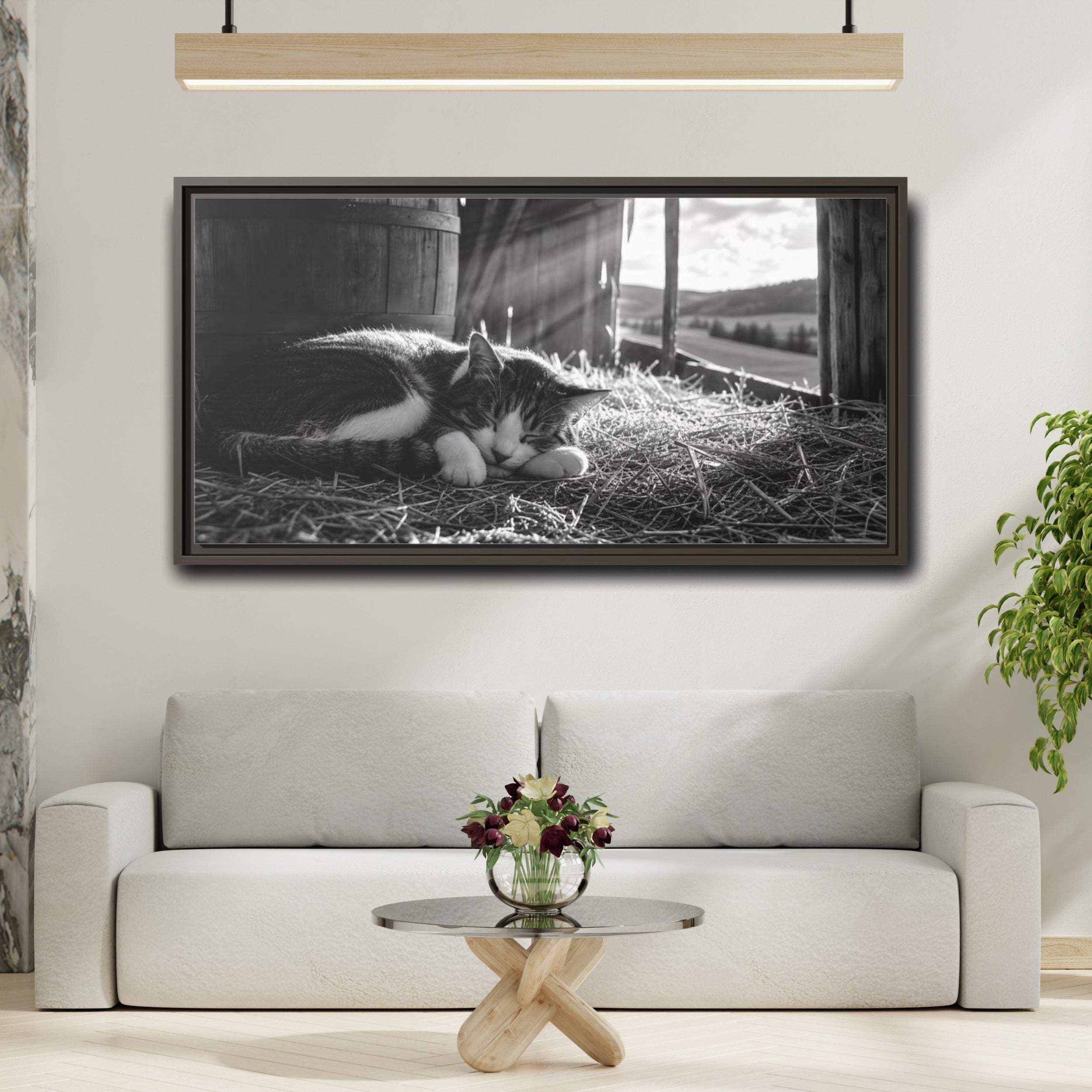 Mockup 2. Animals Cat Black And White Cat shown as stretched canvas wall art