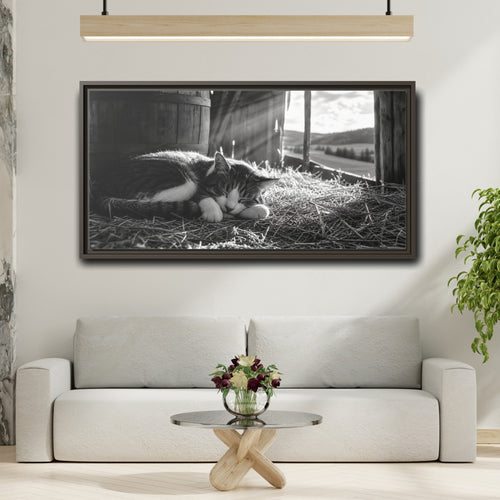 Mockup 2. Animals Cat Black And White Cat shown as stretched canvas wall art