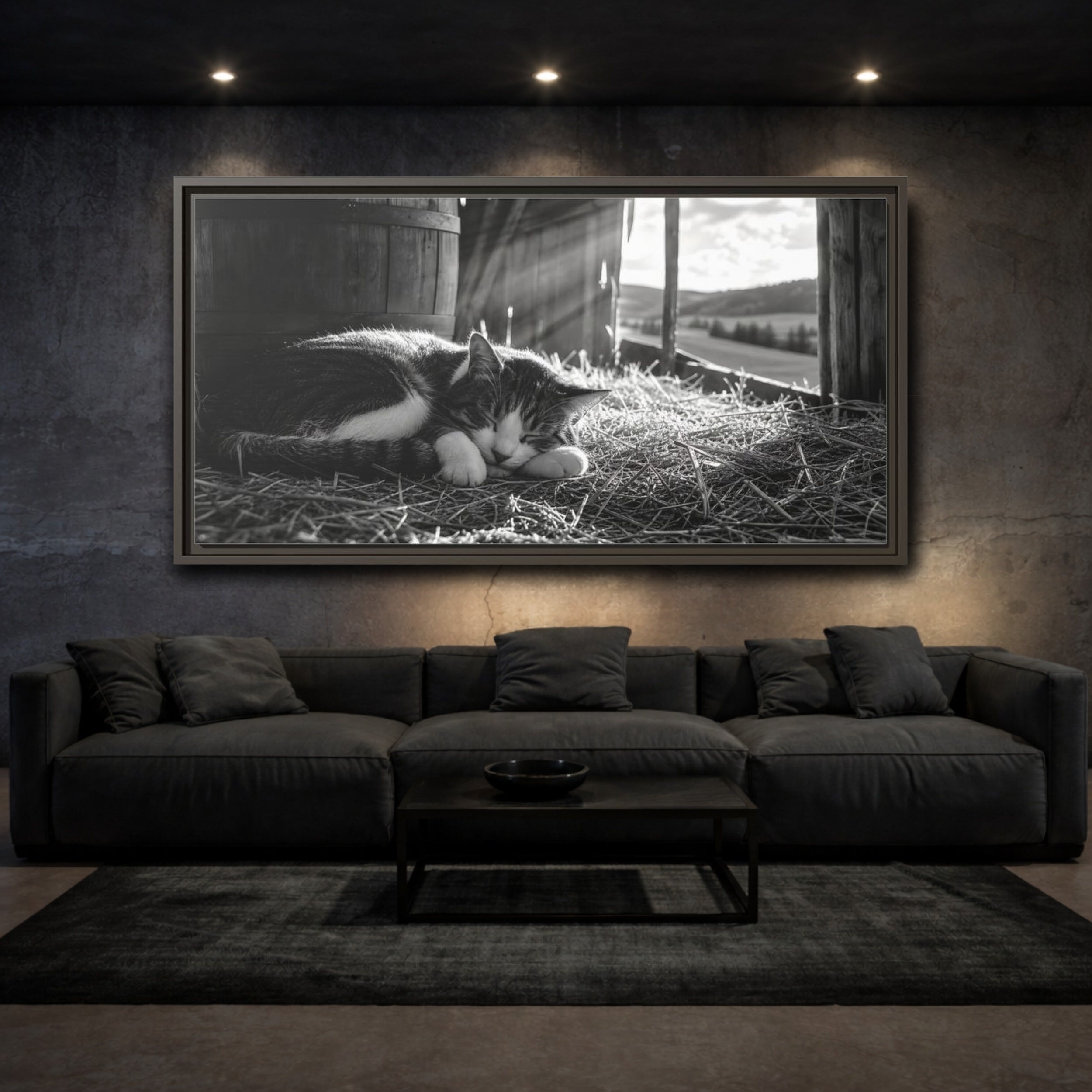 Mockup 3. Animals Cat Black And White Cat shown as stretched canvas wall art