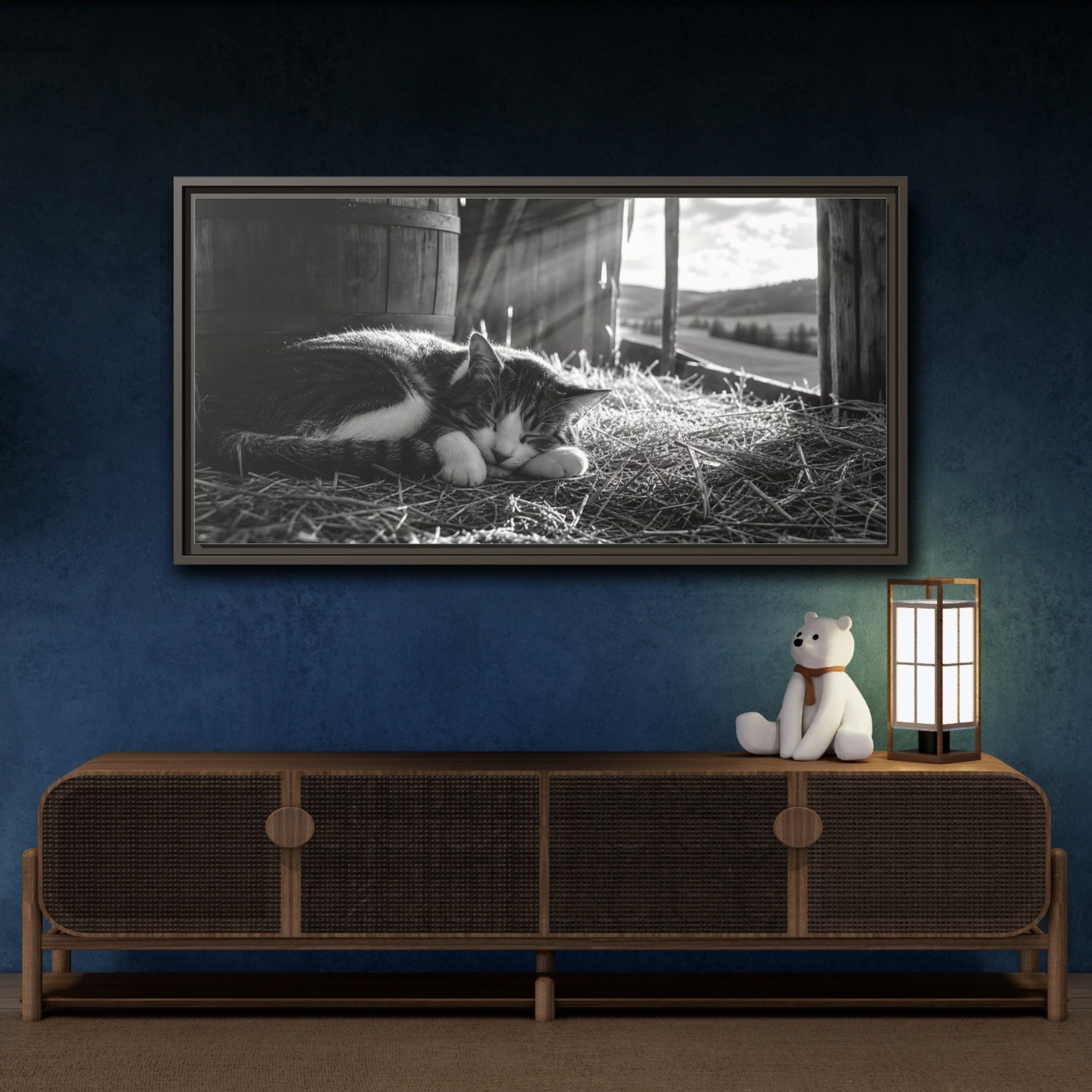 Mockup 4. Animals Cat Black And White Cat shown as stretched canvas wall art
