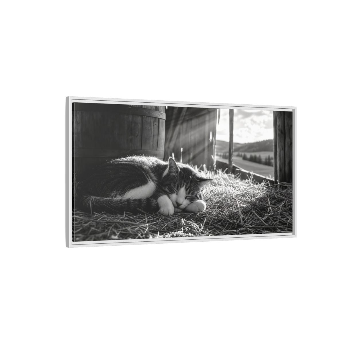 Side Mockup 3. Animals Cat Black And White Cat shown as stretched canvas wall art