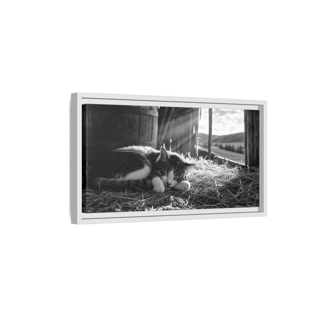 Side Mockup 6. Animals Cat Black And White Cat shown as stretched canvas wall art