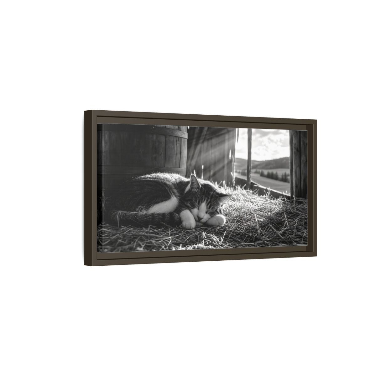 Side Mockup 7. Animals Cat Black And White Cat shown as stretched canvas wall art