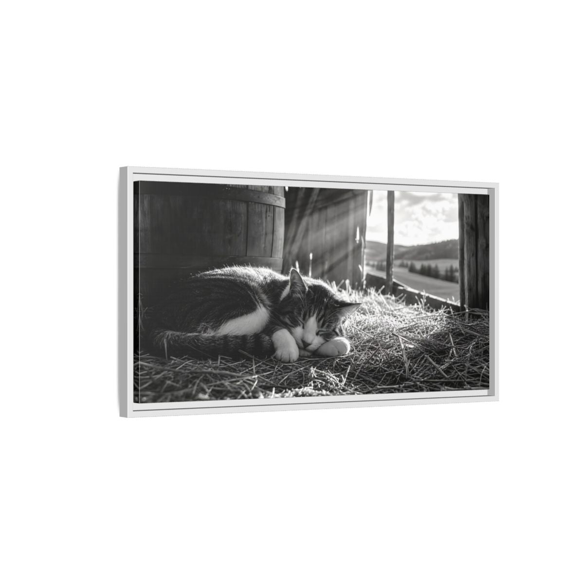Side Mockup 1. Animals Cat Black And White Cat shown as stretched canvas wall art