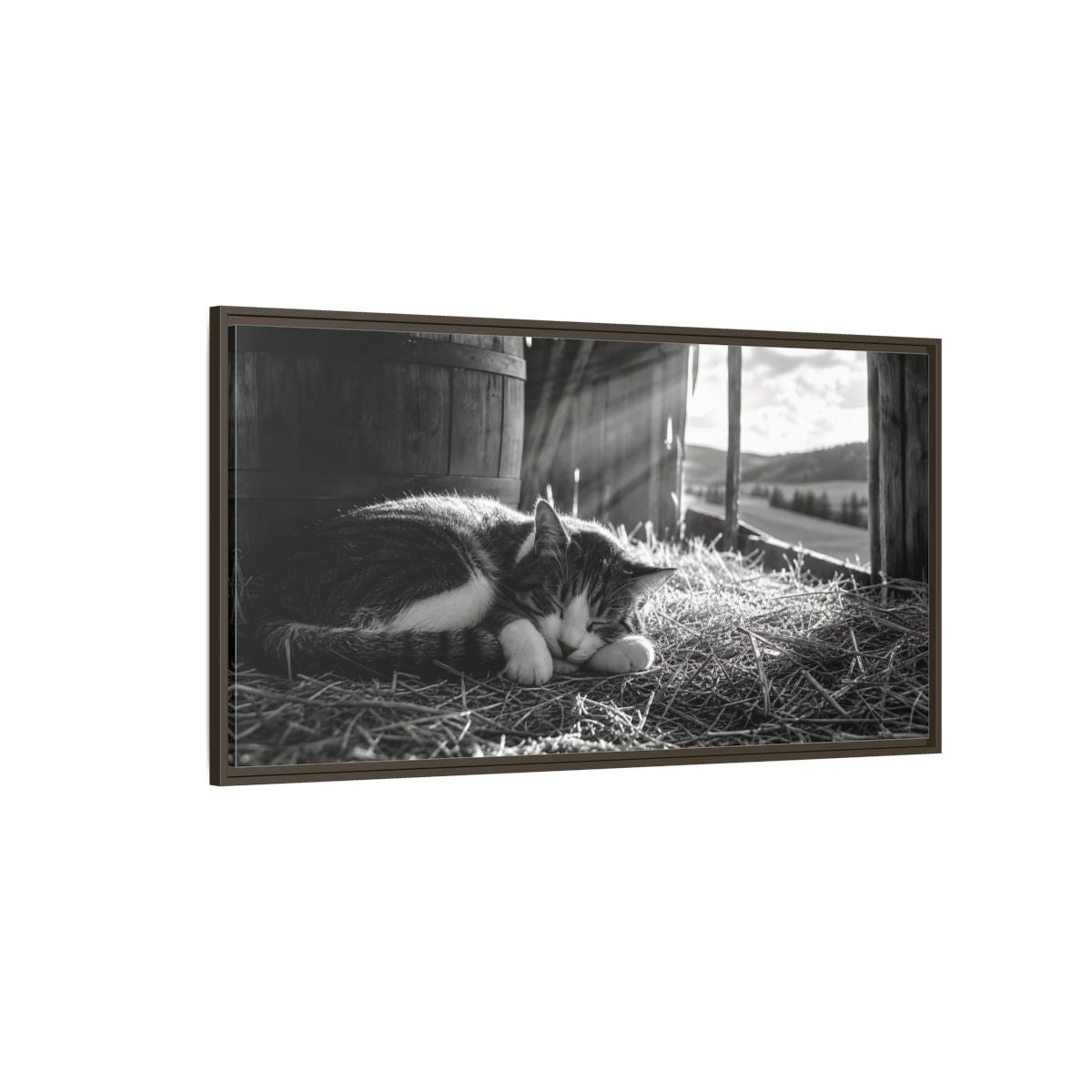 Side Mockup 4. Animals Cat Black And White Cat shown as stretched canvas wall art