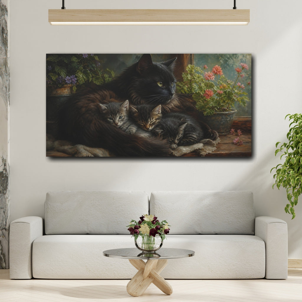Mockup 2. Animals Cats Black Cat Kittens shown as stretched canvas wall art