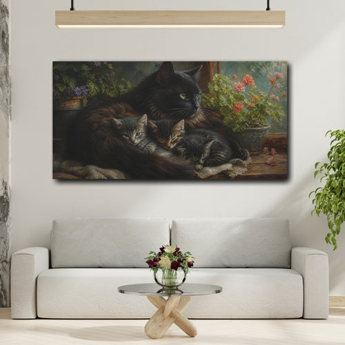 Mockup 2. Animals Cats Black Cat Kittens shown as stretched canvas wall art