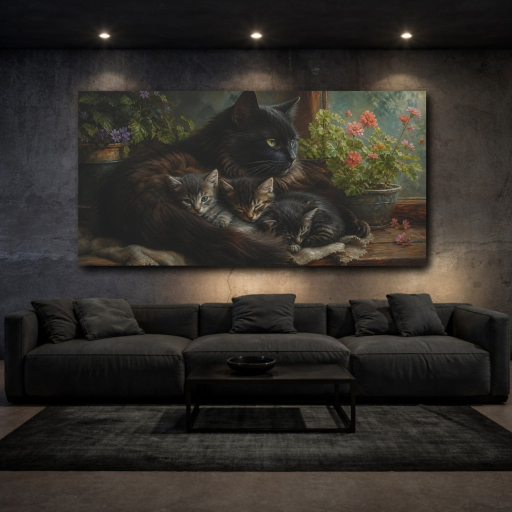 Mockup 3. Animals Cats Black Cat Kittens shown as stretched canvas wall art