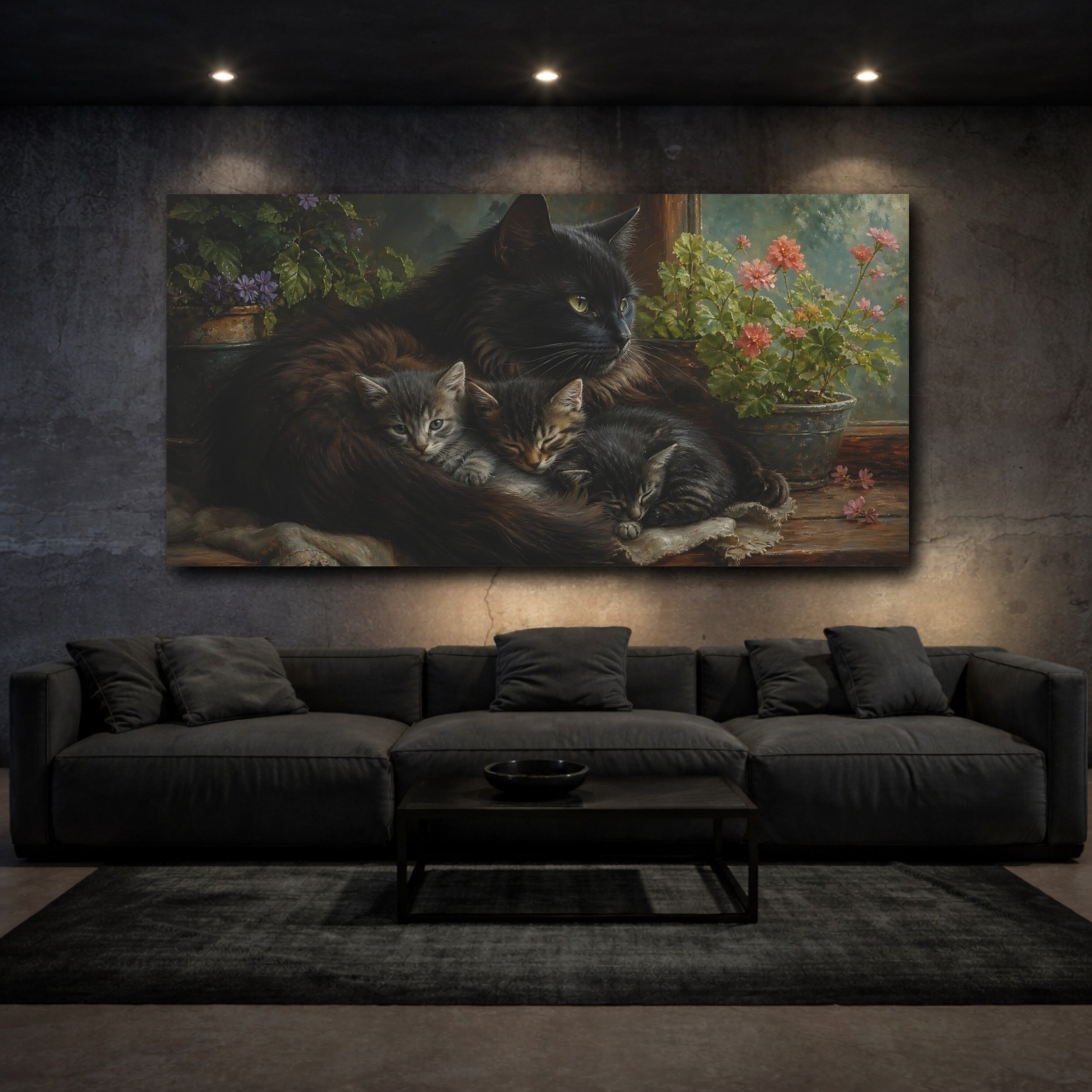 Mockup 3. Animals Cats Black Cat Kittens shown as stretched canvas wall art