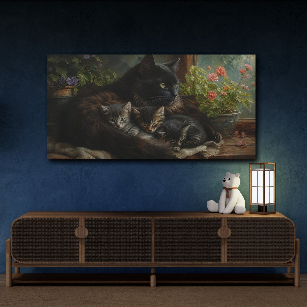 Mockup 4. Animals Cats Black Cat Kittens shown as stretched canvas wall art
