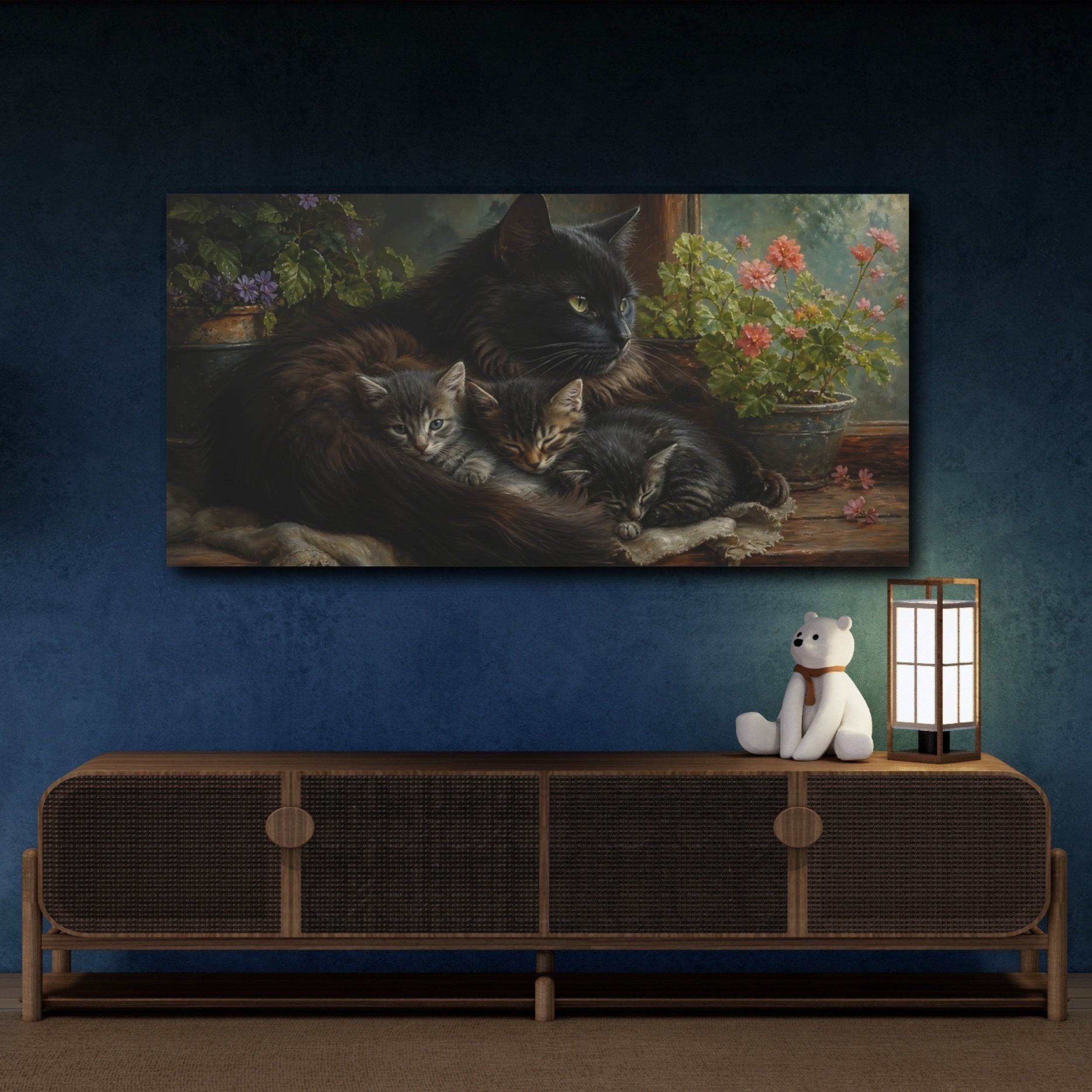Mockup 4. Animals Cats Black Cat Kittens shown as stretched canvas wall art