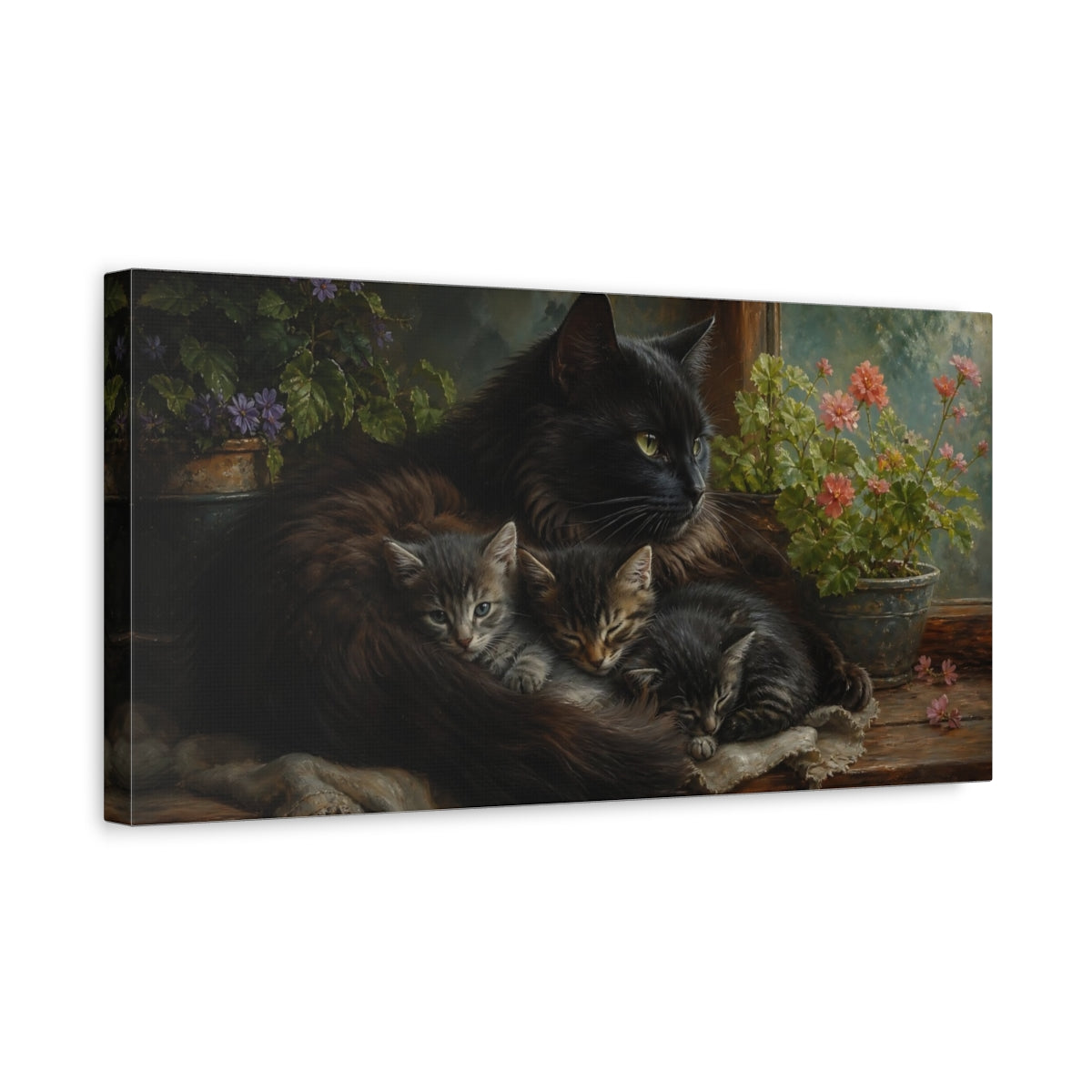 Side Mockup 3. Animals Cats Black Cat Kittens shown as stretched canvas wall art