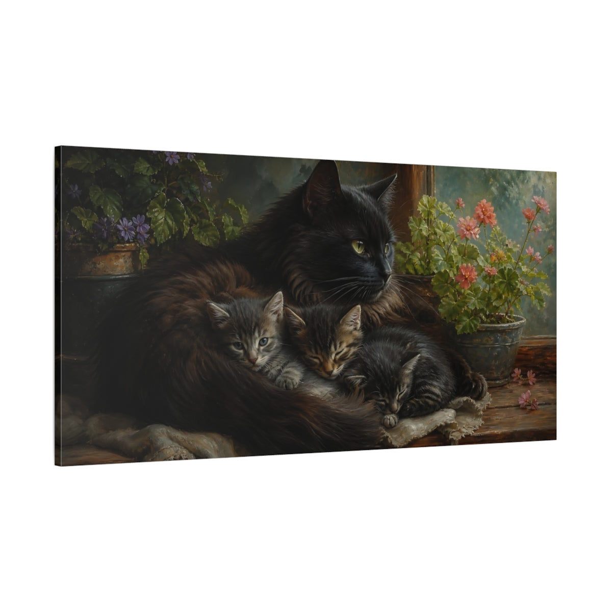 Side Mockup 2. Animals Cats Black Cat Kittens shown as stretched canvas wall art