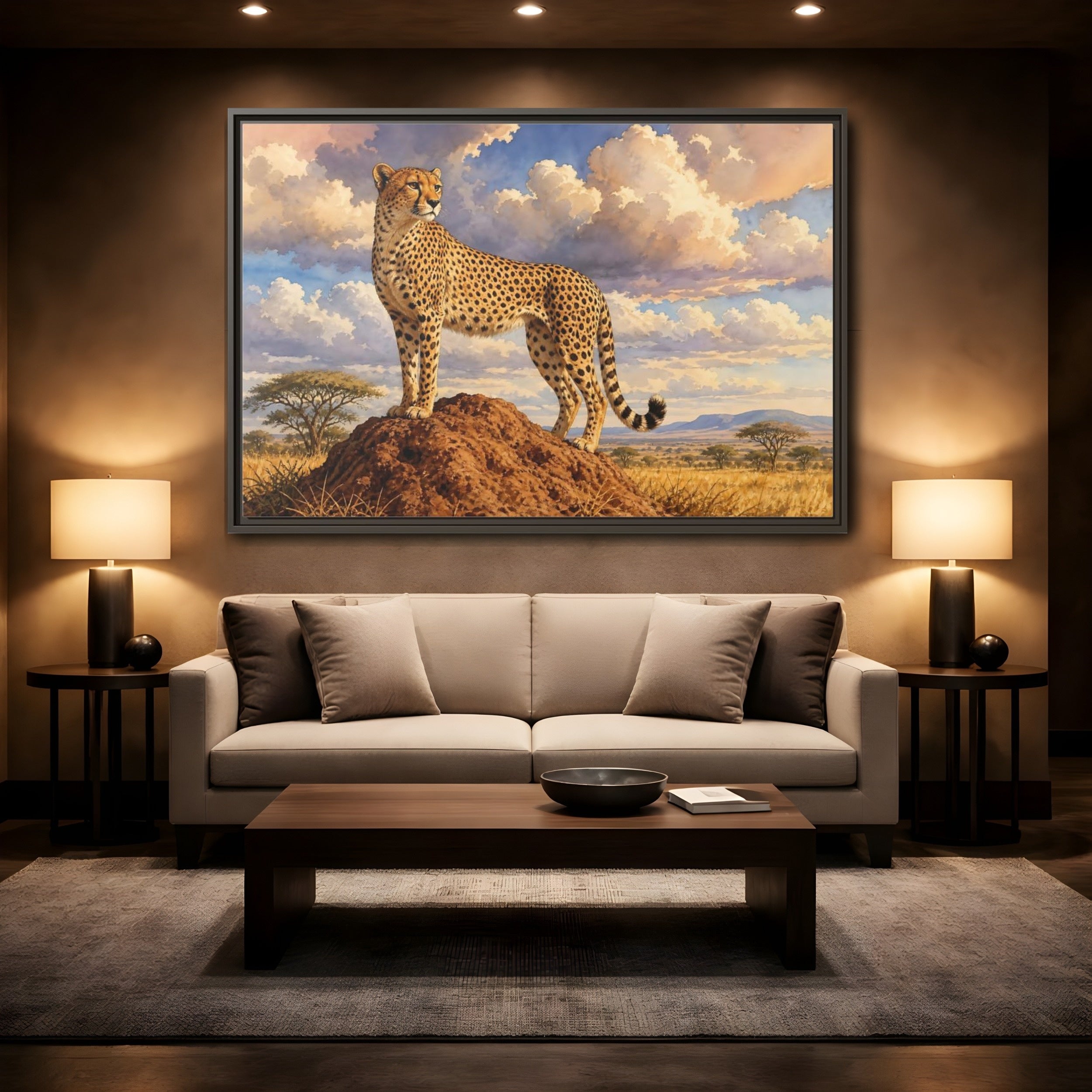 Mockup 2. Animals Cheetah Cheetah Savanna Art shown as stretched canvas wall art