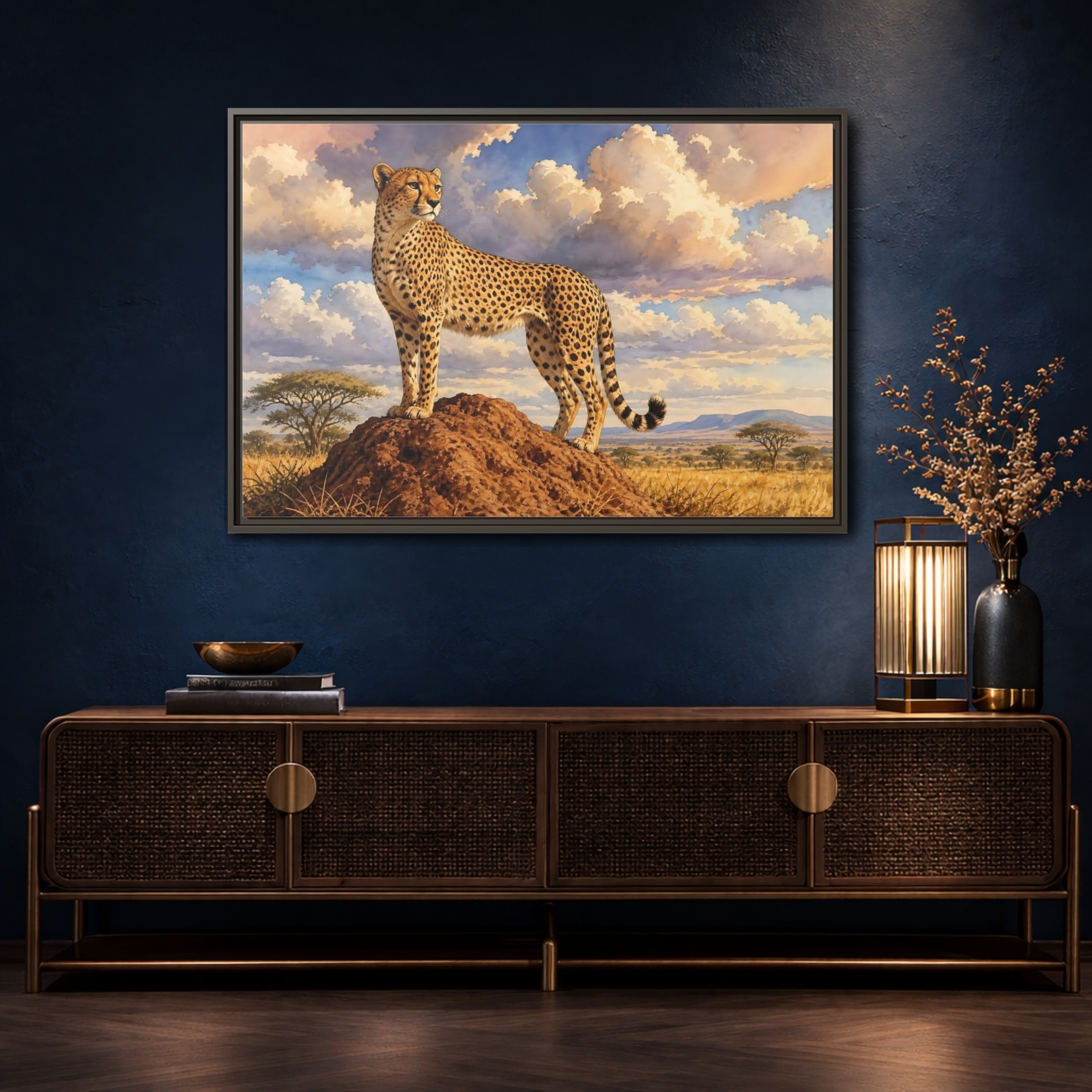 Mockup 4. Animals Cheetah Cheetah Savanna Art shown as stretched canvas wall art