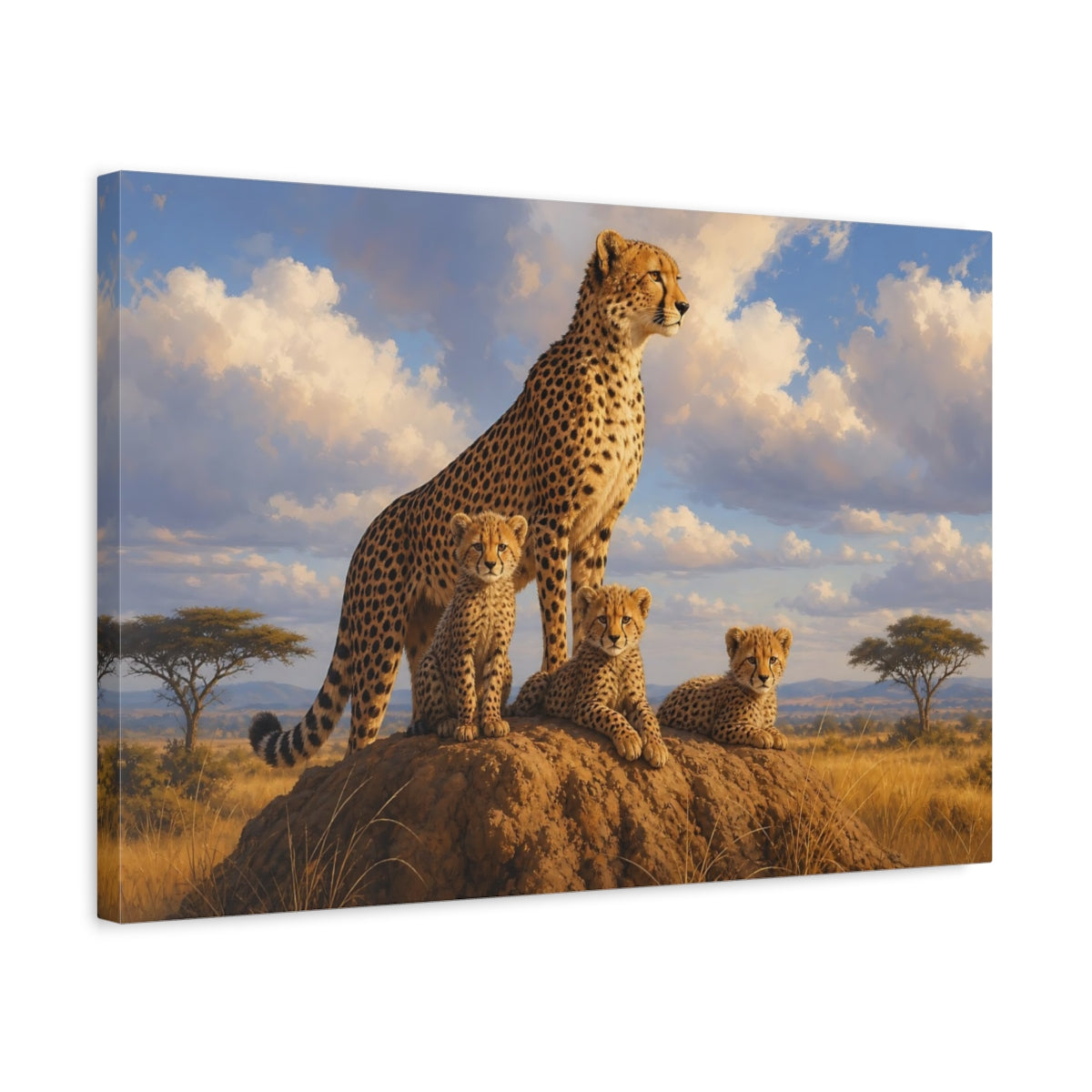 Side Mockup 3. Animals Cheetah Family Savanna Wildlife shown as stretched canvas wall art