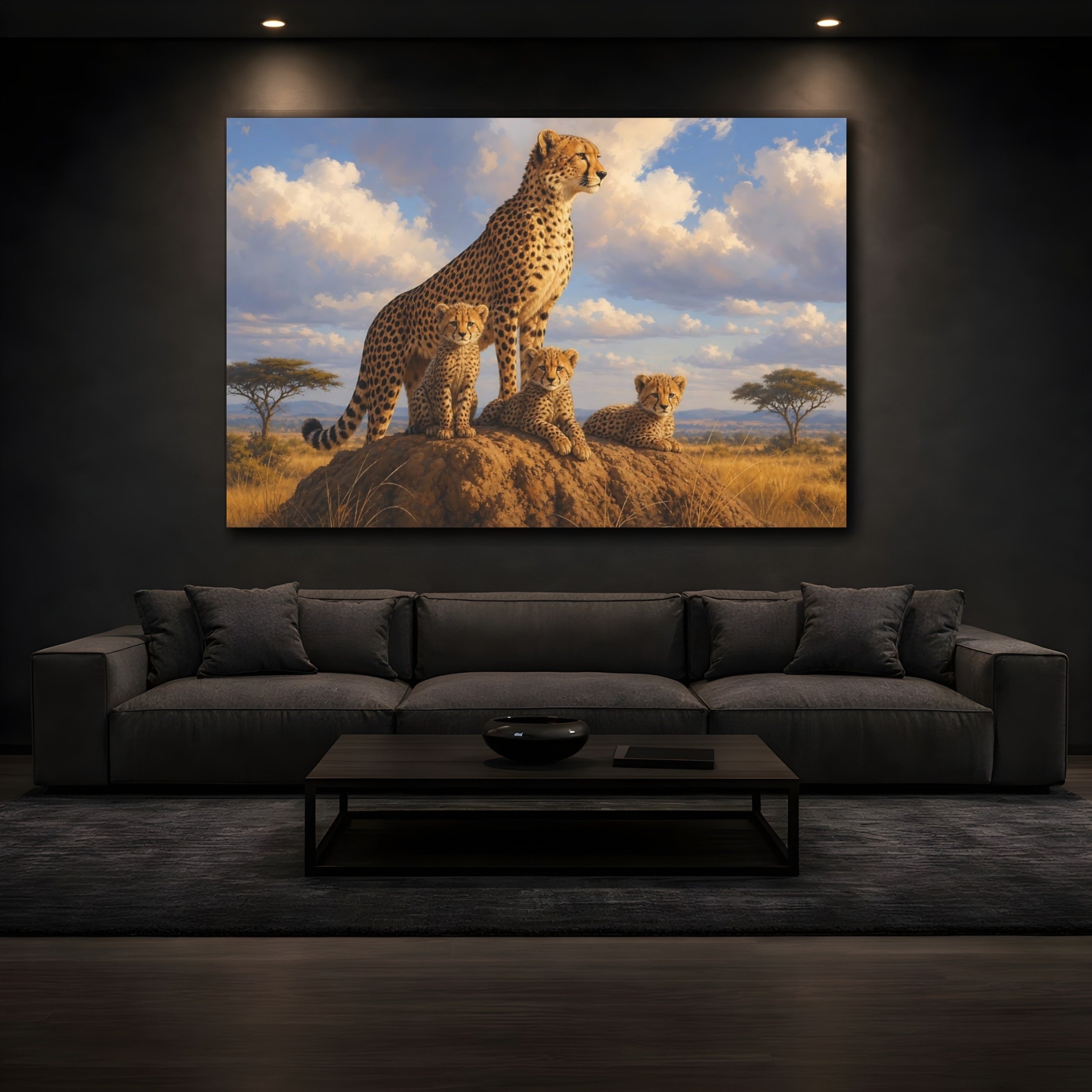 Mockup 3. Animals Cheetah Family Savanna Wildlife shown as stretched canvas wall art