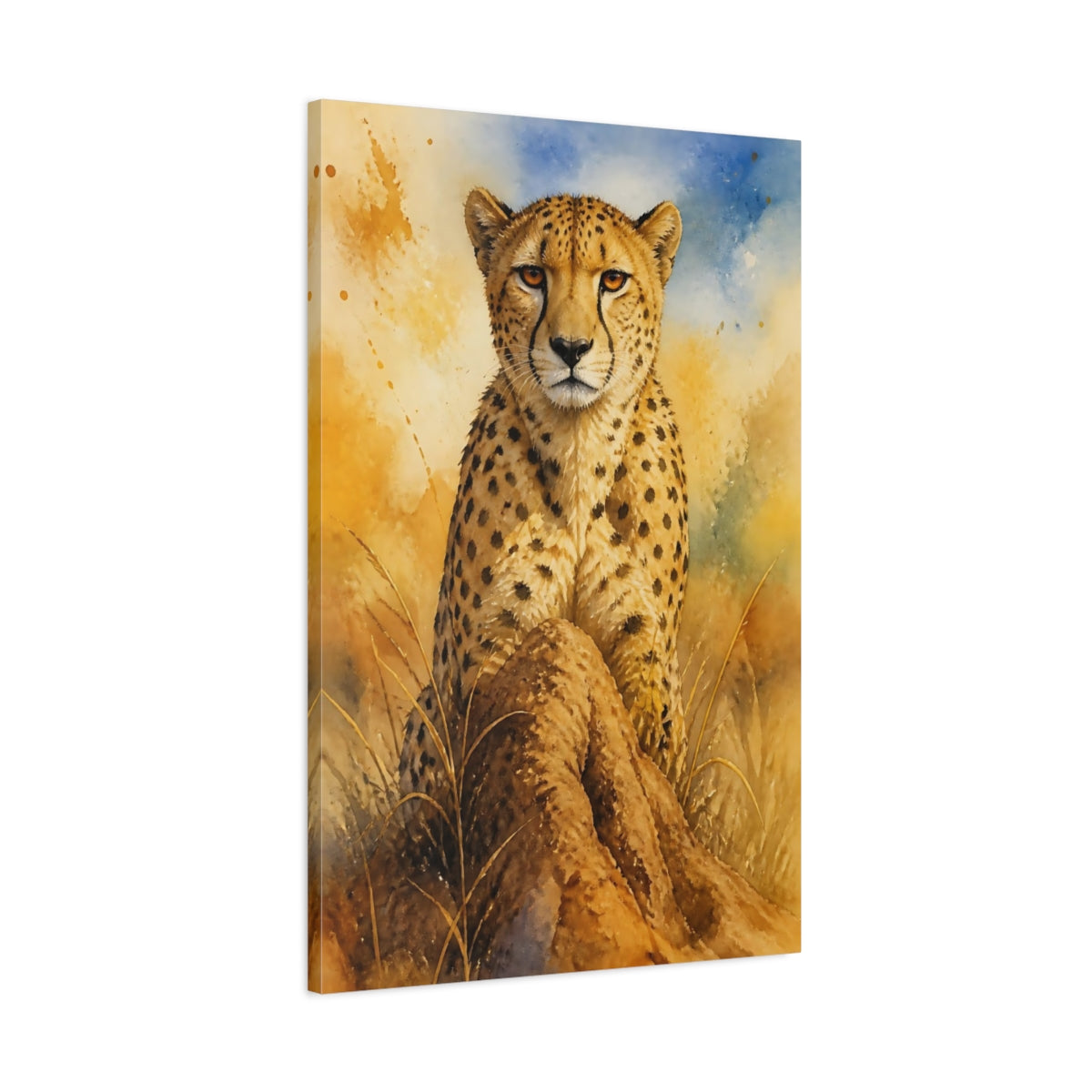 Main Mockup. Animals Cheetah Orange Blue Wildlife shown as stretched canvas wall art