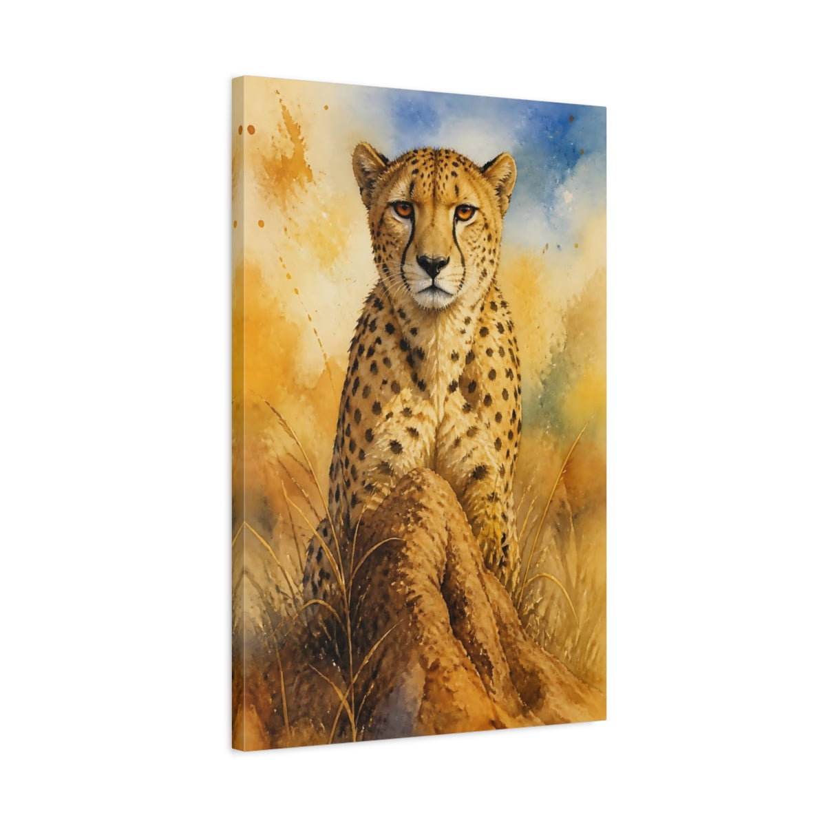 Side Mockup 2. Animals Cheetah Orange Blue Wildlife shown as stretched canvas wall art