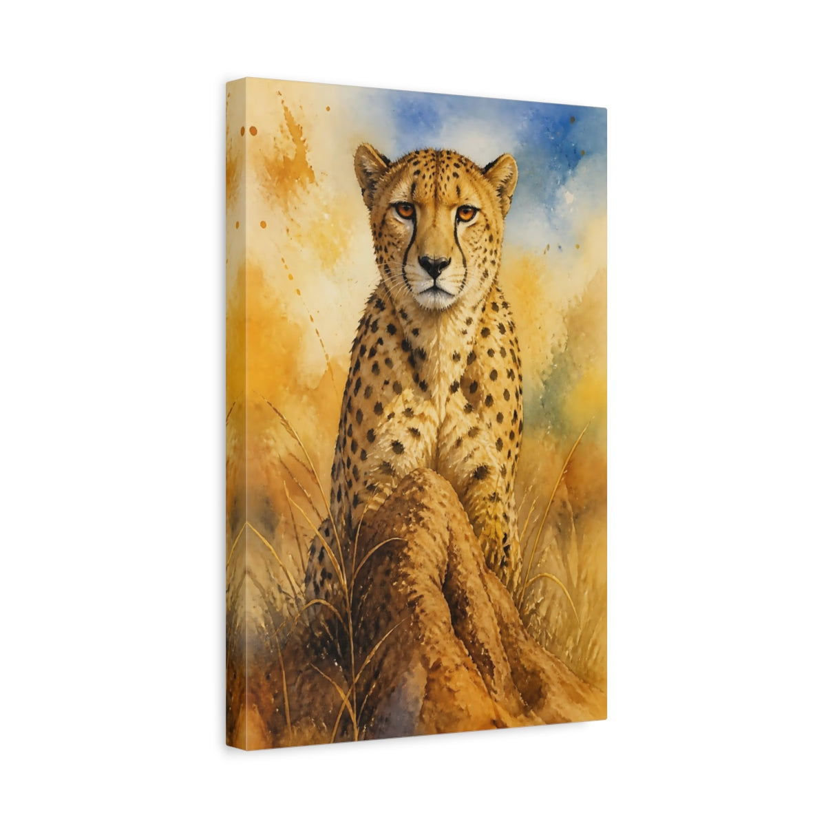 Side Mockup 4. Animals Cheetah Orange Blue Wildlife shown as stretched canvas wall art